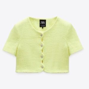 Zara pastel yellow tweed crop jacket small